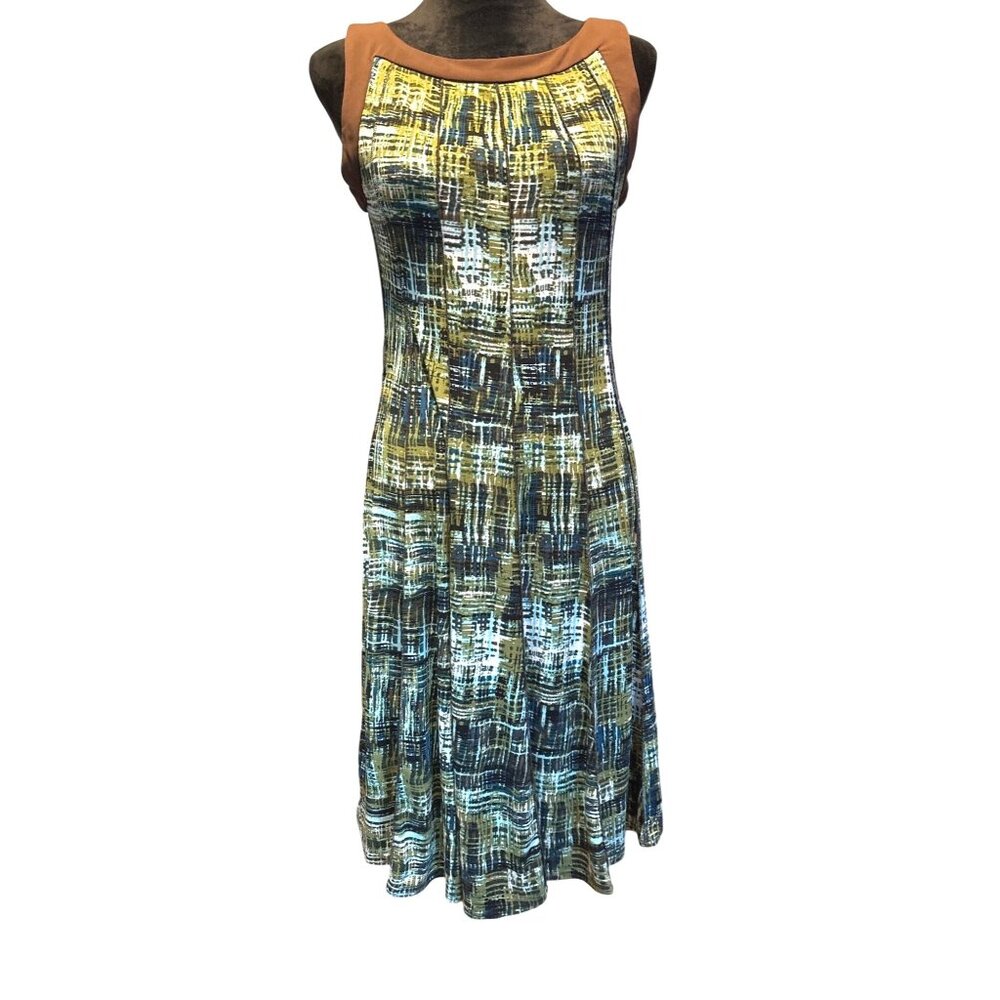 Glamour Womens Midi Dress Sz 8 Geometric Sleeveless Fit & Flare Feminine Pleated